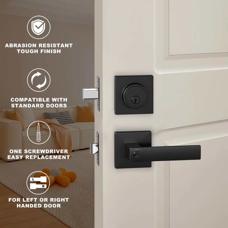 DSJJBLL Exterior Door Handle with Single Cylinder Deadbolt,Front Door Handle and Deadbolt Set,Matte Black Keyed Alike Heavy Duty Door Lever Locksets Right & Left Sided Doors,1 Key 1 Combo - Image 3