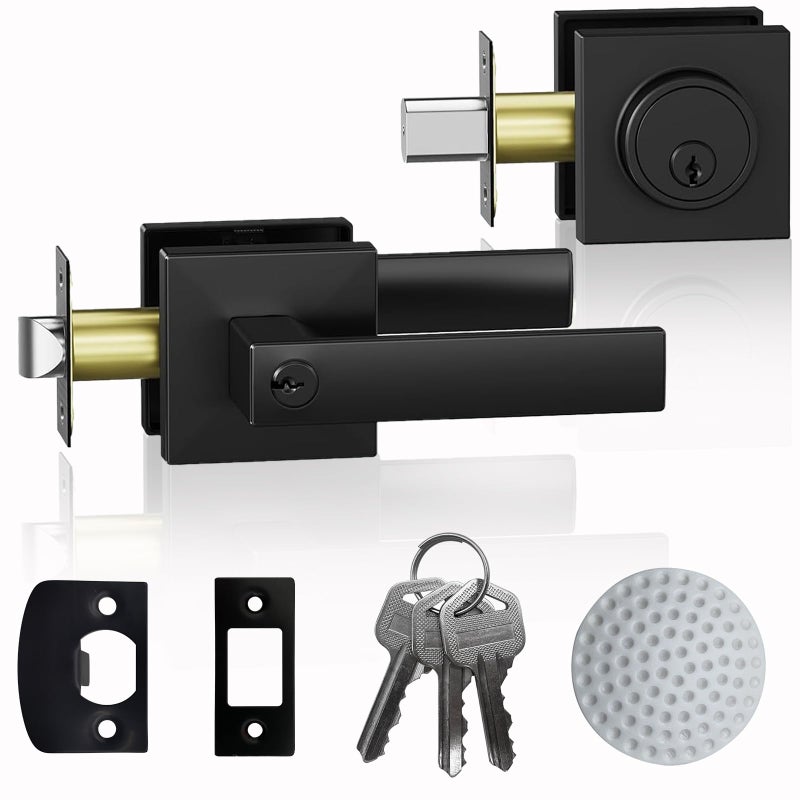 DSJJBLL Exterior Door Handle with Single Cylinder Deadbolt,Front Door Handle and Deadbolt Set,Matte Black Keyed Alike Heavy Duty Door Lever Locksets Right & Left Sided Doors,1 Key 1 Combo - Image 1