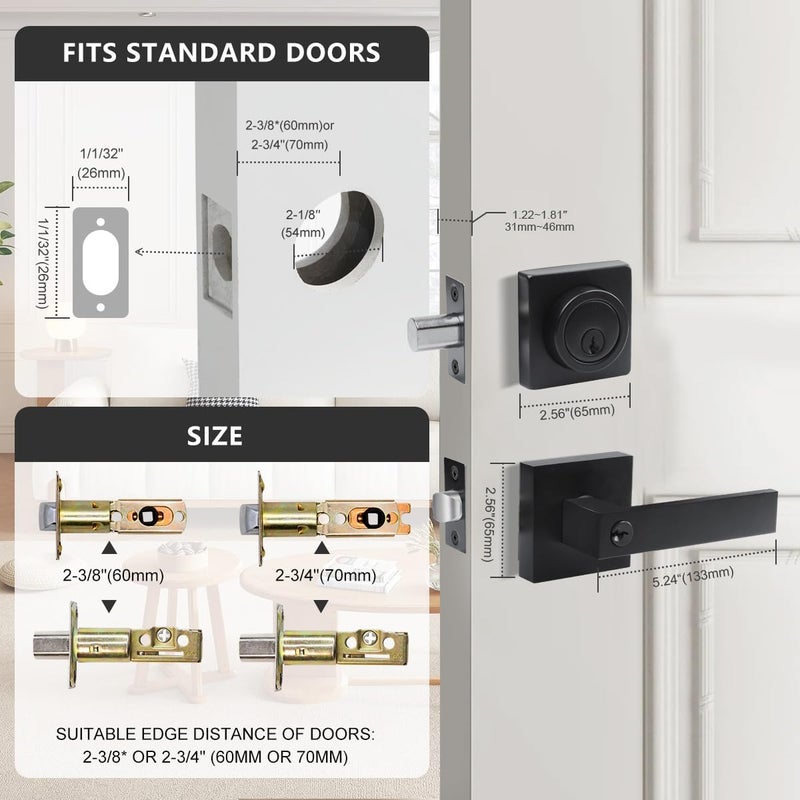 DSJJBLL Exterior Door Handle with Single Cylinder Deadbolt,Front Door Handle and Deadbolt Set,Matte Black Keyed Alike Heavy Duty Door Lever Locksets Right & Left Sided Doors,1 Key 1 Combo - Image 5