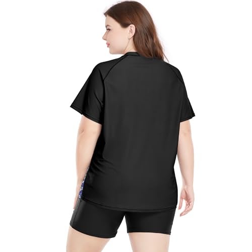 Davena Plus Size Rash Guard for Women 2 Piece Big Size Swimsuits Short Sleeve Bathing Suit with Bottom UV UPF 50+(Balck,Blue Geometry,2X) - Image 4