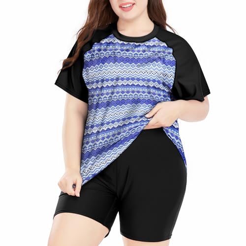 Davena Plus Size Rash Guard for Women 2 Piece Big Size Swimsuits Short Sleeve Bathing Suit with Bottom UV UPF 50+(Balck,Blue Geometry,2X) - Image 1