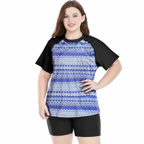 Davena Plus Size Rash Guard for Women 2 Piece Big Size Swimsuits Short Sleeve Bathing Suit with Bottom UV UPF 50+(Balck,Blue Geometry,2X) - Image 5