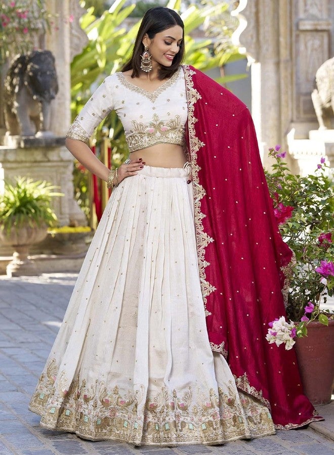 Aika Creation Women's Vichitra Embroidered Semi-Stitched Lehenga Choli Sonpari LH White-01 - Image 3