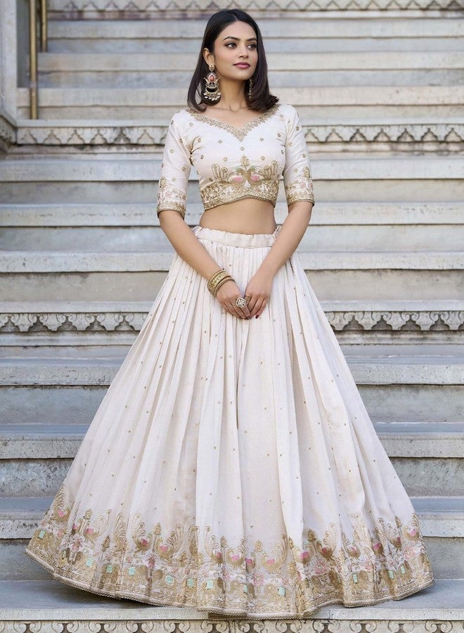 Aika Creation Women's Vichitra Embroidered Semi-Stitched Lehenga Choli Sonpari LH White-01 - Image 2