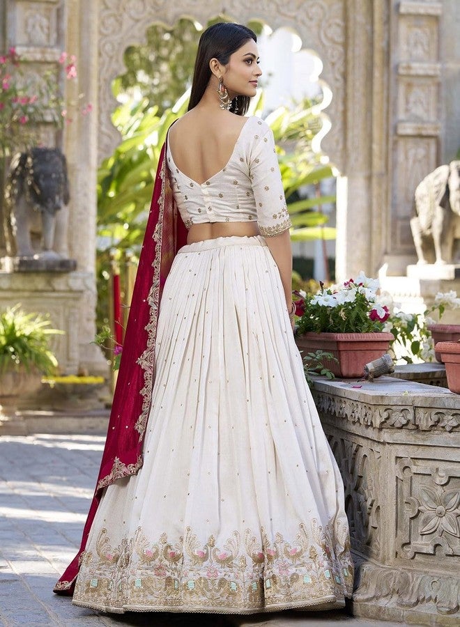 Aika Creation Women's Vichitra Embroidered Semi-Stitched Lehenga Choli Sonpari LH White-01 - Image 1