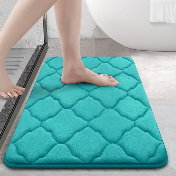 MEMORY FOAM BATH MAT RUG 24X16 SOFT AND ABSORBENT BATHROOM RUGS NONSLIP COMFORTABLE MACHINE WASHABLE BATH CARPET FOR BATHROOM FLOOR TUB SHOWER AND HOME DECOR ACCESSORIES TEAL