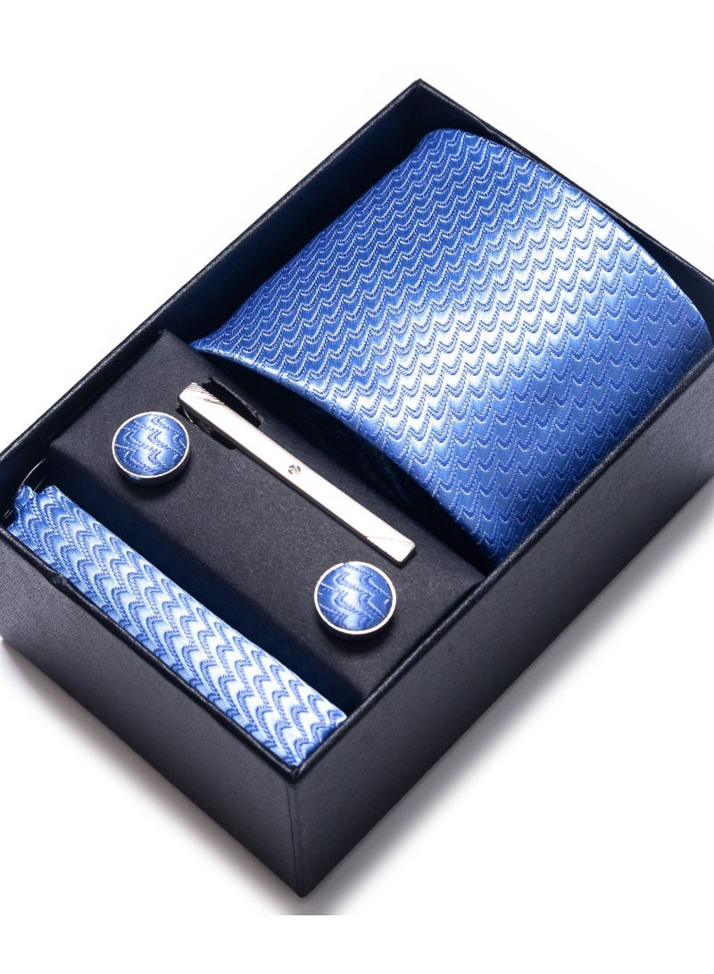 Men's Blue Set with Pocket Square, Cufflinks & Tie Clip - Formal Tie with Handkerchief in Gift Box for Business, Wedding, Office, Parties & Corporate Gifting - Image 1