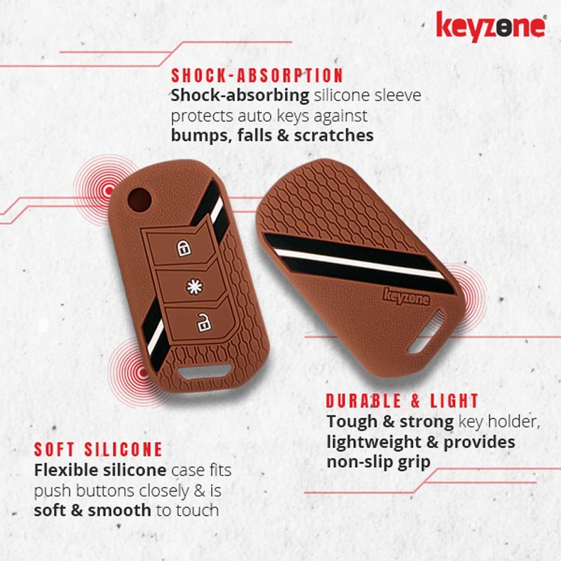 keyzone Striped Silicone Car Key Cover Compatible For Mahindra Thar Roxx, Xuv3Xo, Scorpio-N, Xuv700, Thar,Xuv400, Xuv300, Bolero NEO, Marazzo, 3 Button Flip(Brown) - Image 5