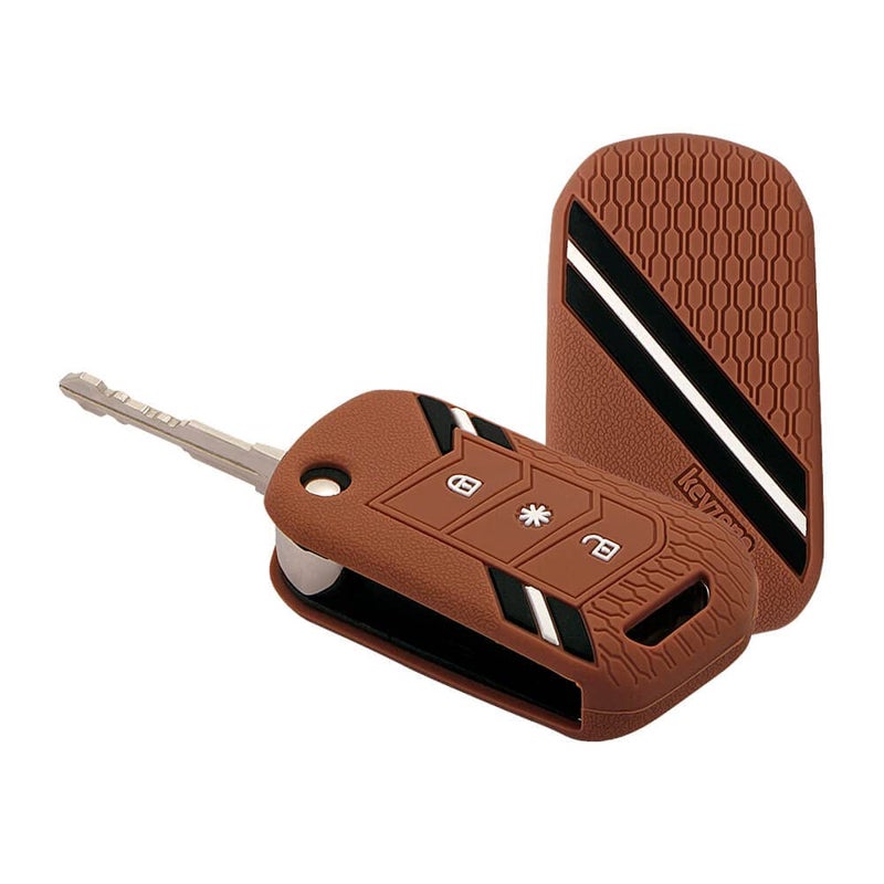 keyzone Striped Silicone Car Key Cover Compatible For Mahindra Thar Roxx, Xuv3Xo, Scorpio-N, Xuv700, Thar,Xuv400, Xuv300, Bolero NEO, Marazzo, 3 Button Flip(Brown) - Image 1