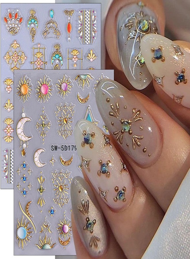 KZBTRBT 2Sheets 5D Moon Star Flower Nail Art Stickers Bohemian Style Bronzing Gold Heart Star Sun Gem Line Pattern Self-Adhesive Nail Decal Love Slider DIY Manicure Decoration Nail Supplies for Women - Image 1