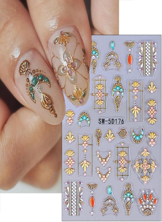KZBTRBT 2Sheets 5D Moon Star Flower Nail Art Stickers Bohemian Style Bronzing Gold Heart Star Sun Gem Line Pattern Self-Adhesive Nail Decal Love Slider DIY Manicure Decoration Nail Supplies for Women - Image 2