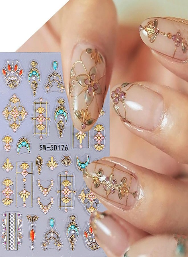KZBTRBT 2Sheets 5D Moon Star Flower Nail Art Stickers Bohemian Style Bronzing Gold Heart Star Sun Gem Line Pattern Self-Adhesive Nail Decal Love Slider DIY Manicure Decoration Nail Supplies for Women - Image 3