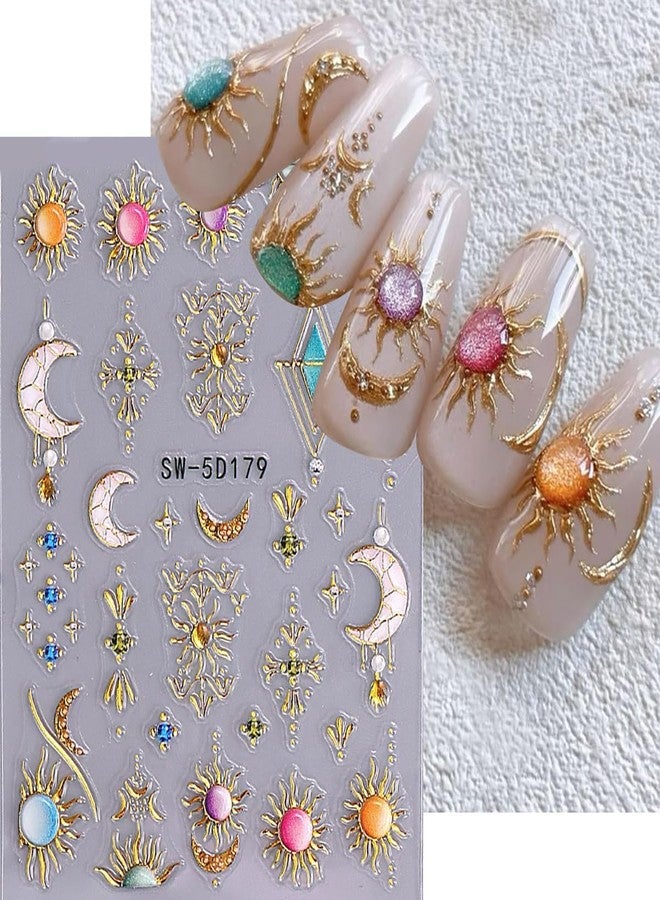 KZBTRBT 2Sheets 5D Moon Star Flower Nail Art Stickers Bohemian Style Bronzing Gold Heart Star Sun Gem Line Pattern Self-Adhesive Nail Decal Love Slider DIY Manicure Decoration Nail Supplies for Women - Image 4