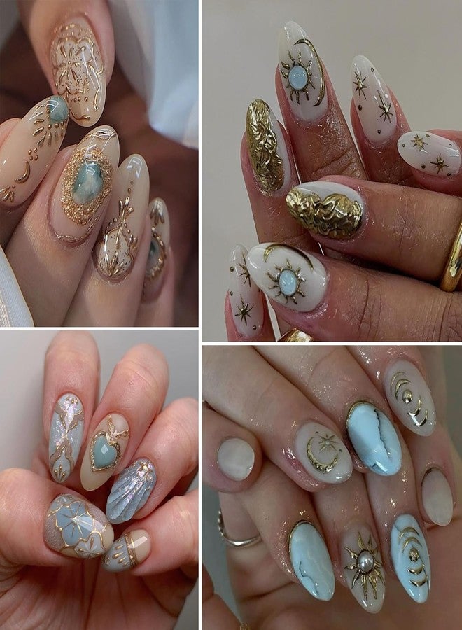 KZBTRBT 2Sheets 5D Moon Star Flower Nail Art Stickers Bohemian Style Bronzing Gold Heart Star Sun Gem Line Pattern Self-Adhesive Nail Decal Love Slider DIY Manicure Decoration Nail Supplies for Women - Image 5