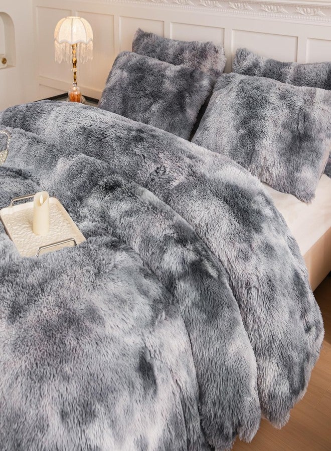 chovy طقم لحاف تشوفي للأطفال البنات من الفرو الصناعي باللون الأسود والأبيض والرمادي، مقاس مزدوج/كامل - طقم سرير من 3 قطع، لطيف على البشرة، ناعم ودافئ ومريح، مصنوع من قماش مخملي فاخر بنقشة أرنب، مفروشات رقيقة وناعمة (لحاف × 1، غطاء وسادة × 2) - Image 3