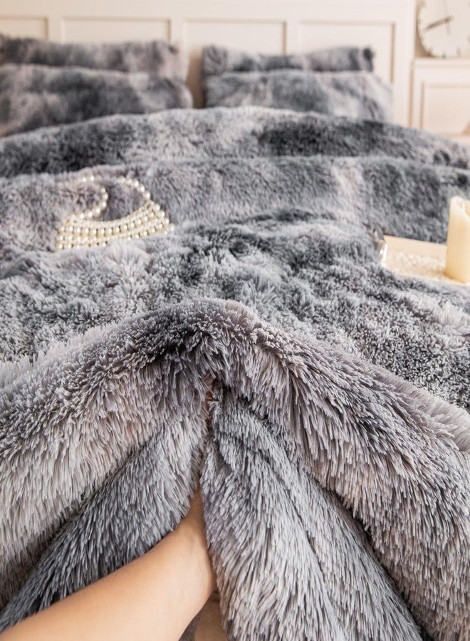 chovy طقم لحاف تشوفي للأطفال البنات من الفرو الصناعي باللون الأسود والأبيض والرمادي، مقاس مزدوج/كامل - طقم سرير من 3 قطع، لطيف على البشرة، ناعم ودافئ ومريح، مصنوع من قماش مخملي فاخر بنقشة أرنب، مفروشات رقيقة وناعمة (لحاف × 1، غطاء وسادة × 2) - Image 4