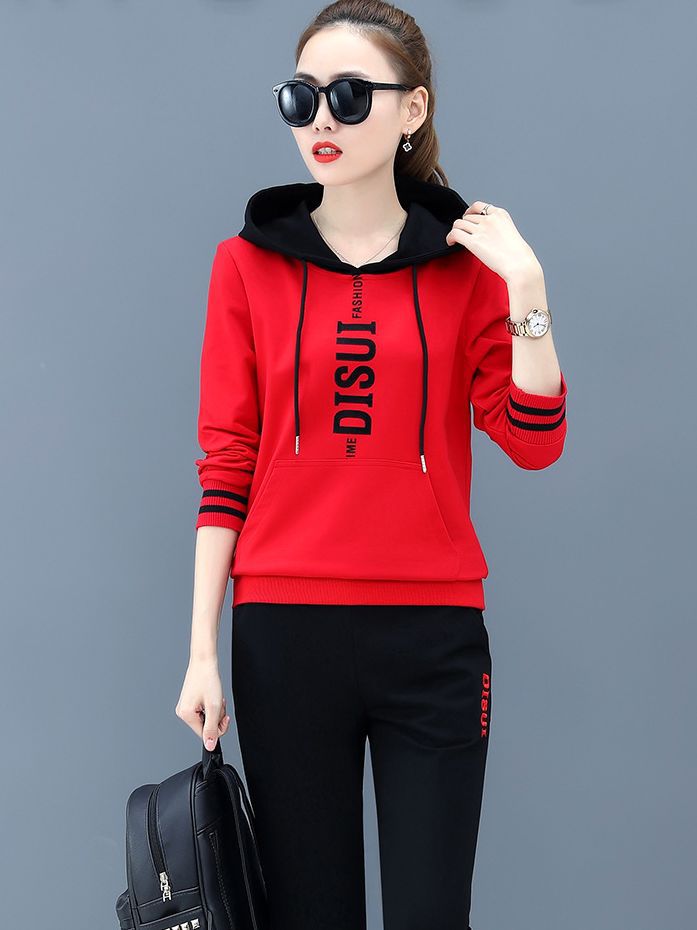 طقم سويت شيرت بغطاء رأس للتجارة الخارجية عبر الحدود للنساء في خريف أوروبا والولايات المتحدة بحجم كبير فضفاض مع ألوان متباينة وحروف، طقم من قطعتين بالجملة للنساء - Image 3