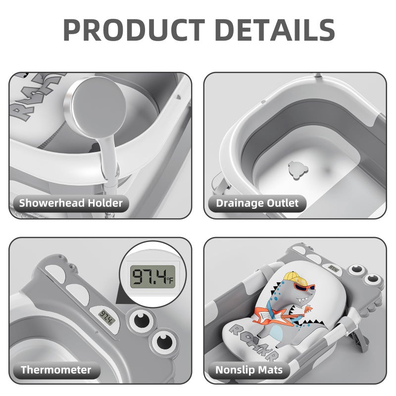 Tavlshero Collapsible Baby Bathtub for Newborn, Foldable Baby Bath Tub with Thermometer & Soft Floating Cushion & Drain Hole, Portable Travel Infant Bath Tubs for Newborns to Toddlers 0-36 Months Boys, Grey - Image 4