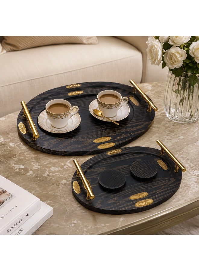 4-Piece Oval Wooden Serving Tray Set with Gold Metal Handles & 2 Separate Round Coasters (Large & Small) - Dark Black Wood & Gold - Image 3