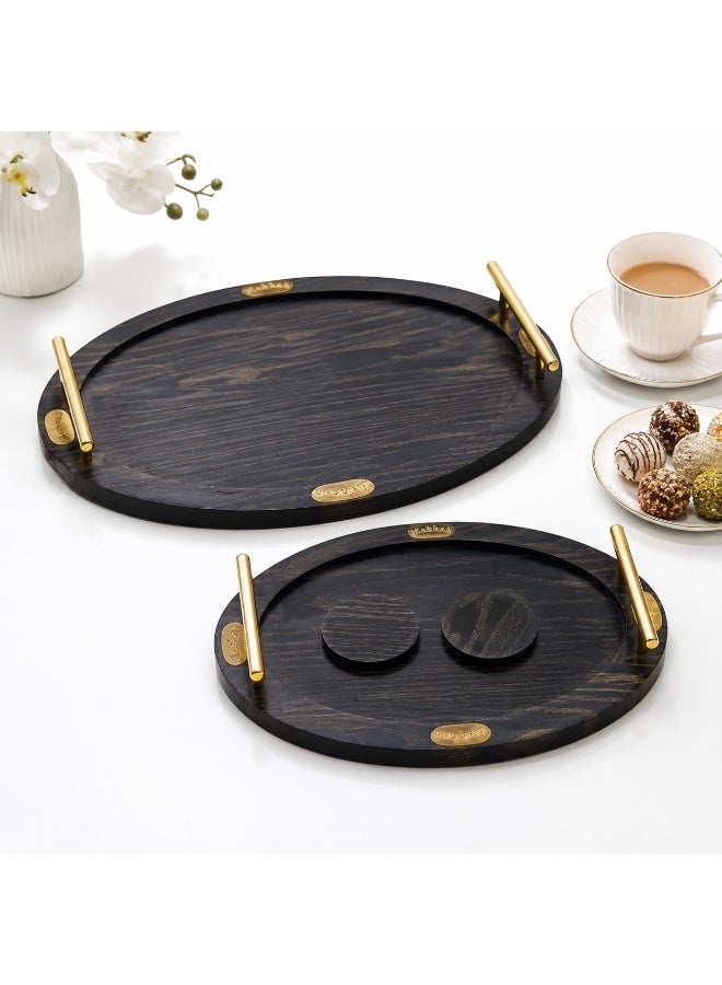 4-Piece Oval Wooden Serving Tray Set with Gold Metal Handles & 2 Separate Round Coasters (Large & Small) - Dark Black Wood & Gold - Image 4