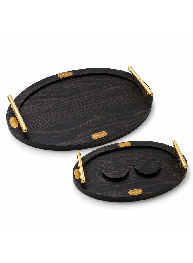 4-Piece Oval Wooden Serving Tray Set with Gold Metal Handles & 2 Separate Round Coasters (Large & Small) - Dark Black Wood & Gold - Image 1