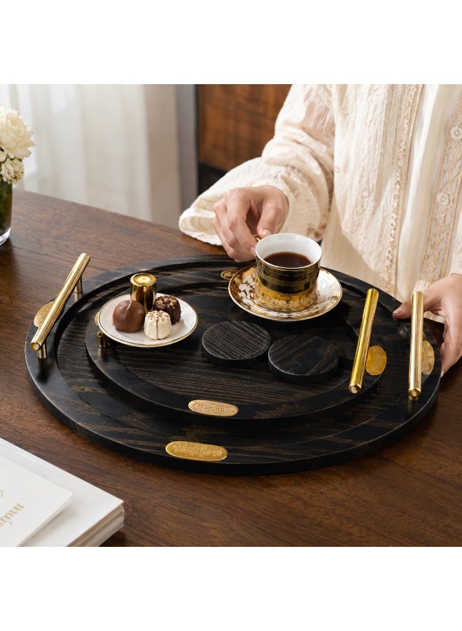 4-Piece Oval Wooden Serving Tray Set with Gold Metal Handles & 2 Separate Round Coasters (Large & Small) - Dark Black Wood & Gold - Image 2