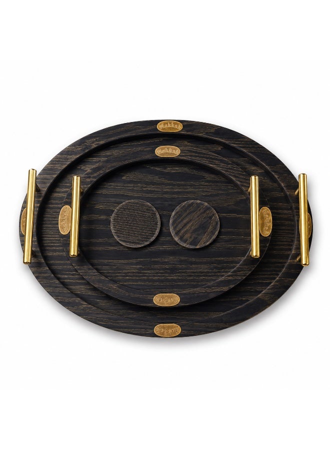 4-Piece Oval Wooden Serving Tray Set with Gold Metal Handles & 2 Separate Round Coasters (Large & Small) - Dark Black Wood & Gold - Image 5