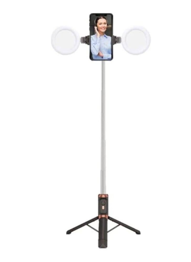 ELTRAZONE Power Mep - Wireless BT Live Broadcast Selfie Stick with Dual Ring Light (BLACK)  - Image 1