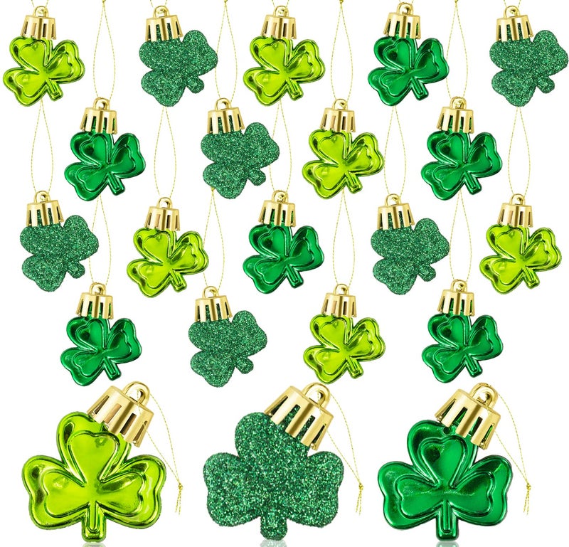 36pcs St Patricks Day Mini Shamrock Ornaments for Small Tree Decorations Good Luck Clover Hanging Bauble Green Trefoil Irish Ornaments for Saint Patricks Day Tree Shelf Decor Party Favors Supplies