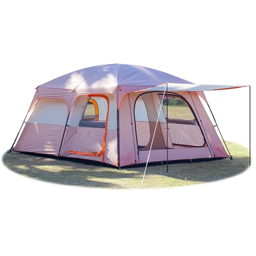 KTT Extra Large Tent 12 Person,Family Cabin Tents,2 Rooms,3 Doors and 3 Windows with Mesh,Straight Wall,Waterproof,Double Layer,Big Tent for Outdoor,Picnic,Camping,Family Gathering(Light Brown) - Image 1