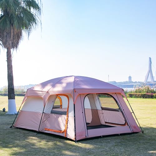 KTT Extra Large Tent 12 Person,Family Cabin Tents,2 Rooms,3 Doors and 3 Windows with Mesh,Straight Wall,Waterproof,Double Layer,Big Tent for Outdoor,Picnic,Camping,Family Gathering(Light Brown) - Image 3