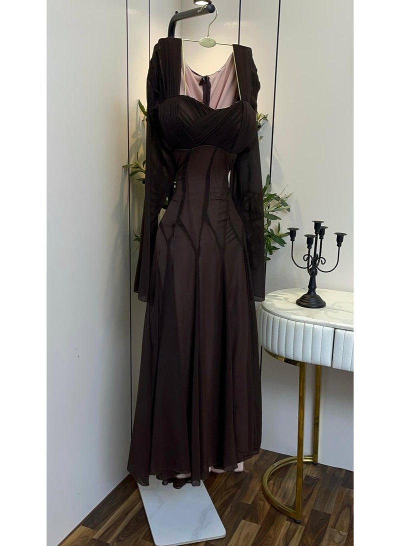 Cutie Victorian Modern Chiffon Flared Evening Dress in Brown - Image 2
