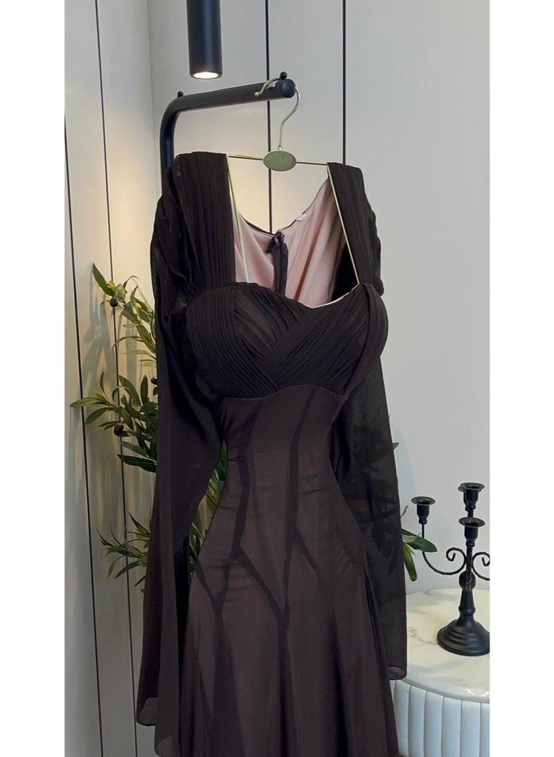 Cutie Victorian Modern Chiffon Flared Evening Dress in Brown - Image 1