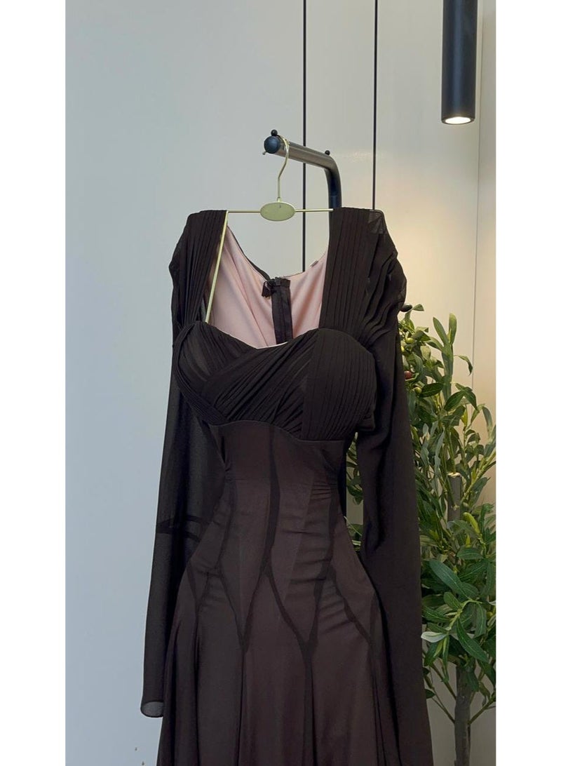 Cutie Victorian Modern Chiffon Flared Evening Dress in Brown - Image 4