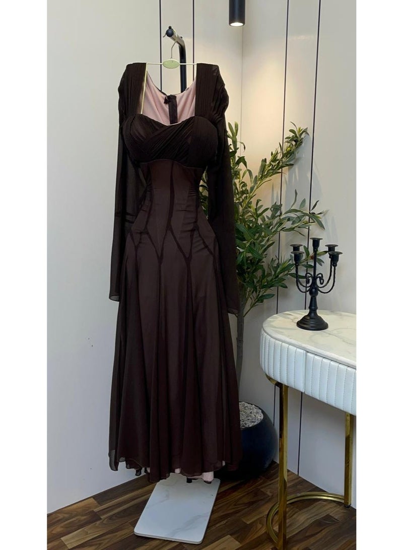 Cutie Victorian Modern Chiffon Flared Evening Dress in Brown - Image 3