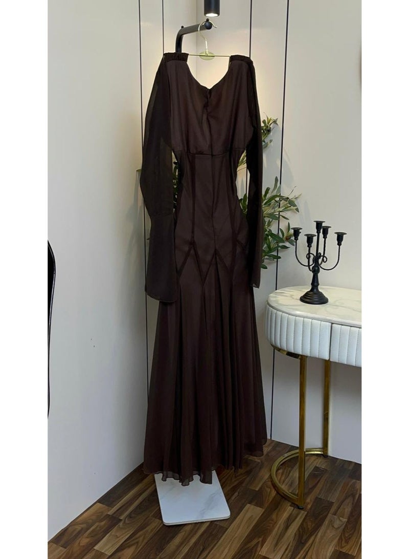 Cutie Victorian Modern Chiffon Flared Evening Dress in Brown - Image 5