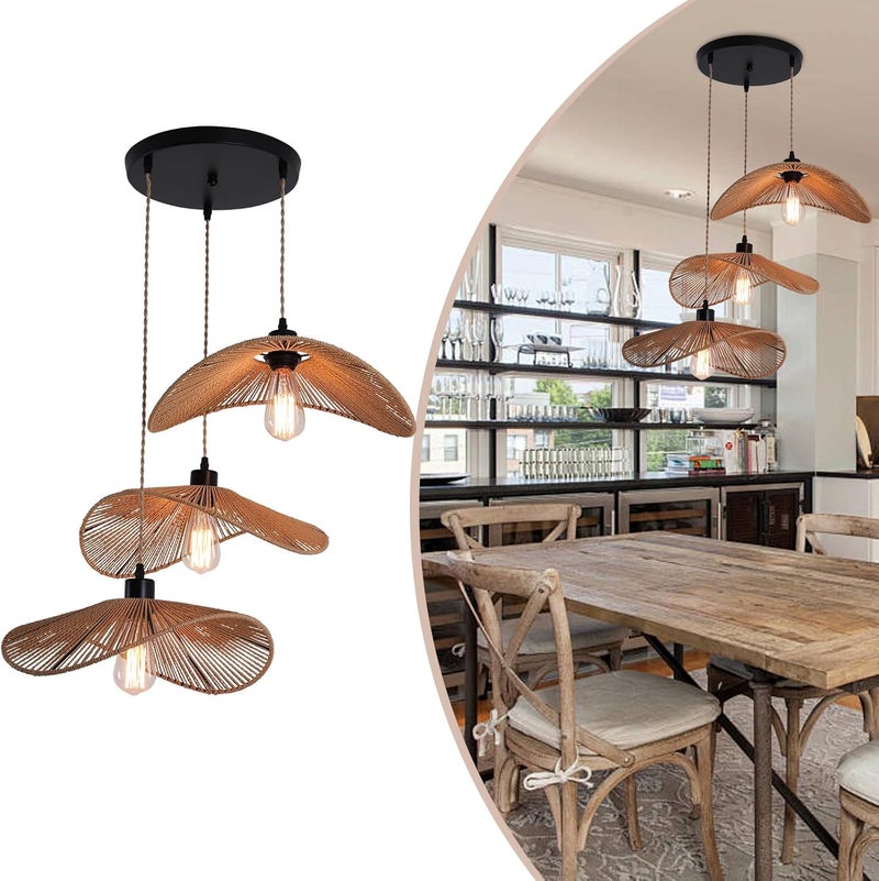 Garwarm Rattan Pendant Light Boho Hanging Light, 3-Lights Handmade Pendant Light Fixture Adjustable Farmhouse 3 Shade Chandelier for Living Room Dining Room Kitchen Bar coffee Foyer Hallway 41cm - Image 1