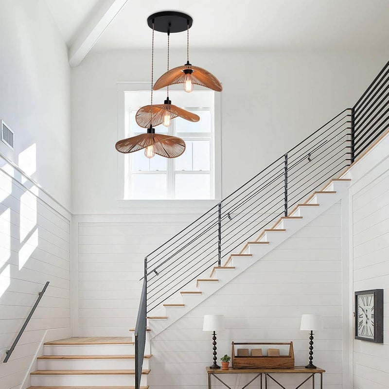 Garwarm Rattan Pendant Light Boho Hanging Light, 3-Lights Handmade Pendant Light Fixture Adjustable Farmhouse 3 Shade Chandelier for Living Room Dining Room Kitchen Bar coffee Foyer Hallway 41cm - Image 4