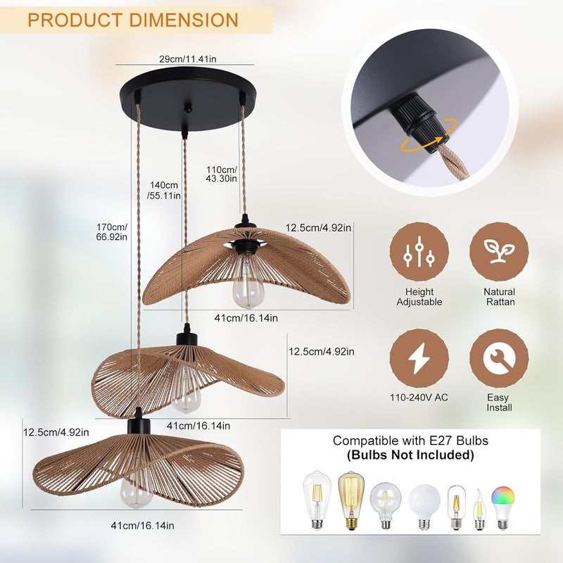 Garwarm Rattan Pendant Light Boho Hanging Light, 3-Lights Handmade Pendant Light Fixture Adjustable Farmhouse 3 Shade Chandelier for Living Room Dining Room Kitchen Bar coffee Foyer Hallway 41cm - Image 5
