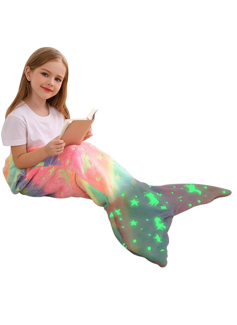 KASTWAVE Kids Mermaid Tail Blanket, Mermaid Tail Blankets Glow in The Dark, Flannel Mermaid Blanket, Mermaid Tail Wearable Blanket, Luminous Unicorn Super Soft Tie Dye Girls Toys, Girls Toddlers Mermaid Toys  - Image 1
