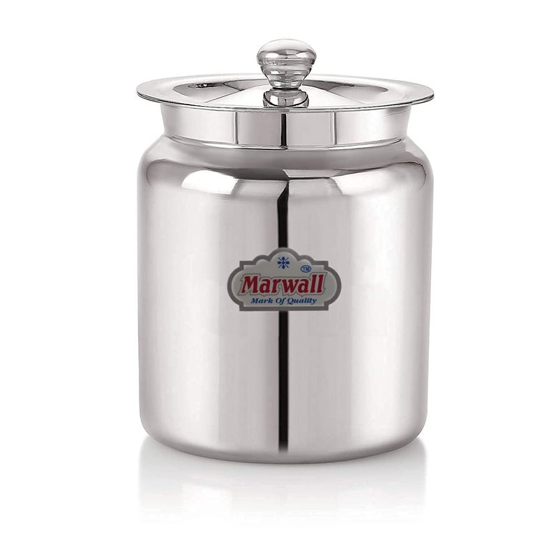 MARWALL Stainless Steel Glossy Finish Oil Ghee Dani Barni Dabba Dibba Storage Jar Serving Container Pot with Lid for Home Kitchen Mandir 1 Litre - Image 1