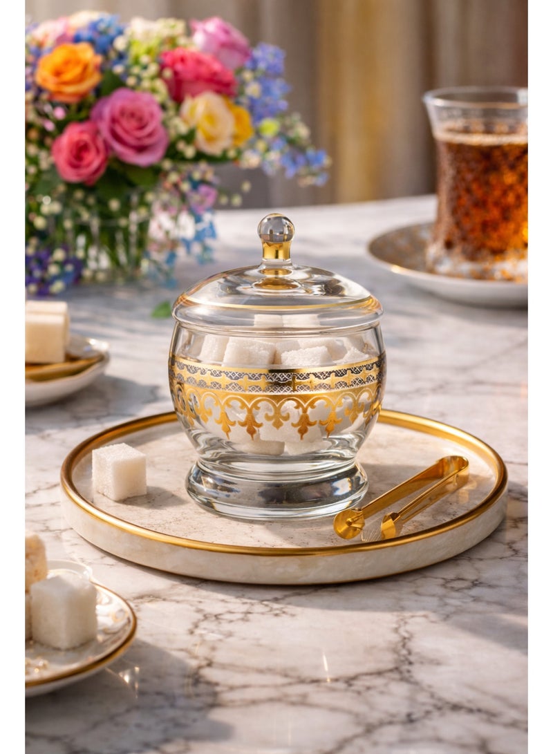 Dania A luxurious glass sugar bowl with a royal gold pattern – elegance to enhance your hospitality 💛👑 - Image 1