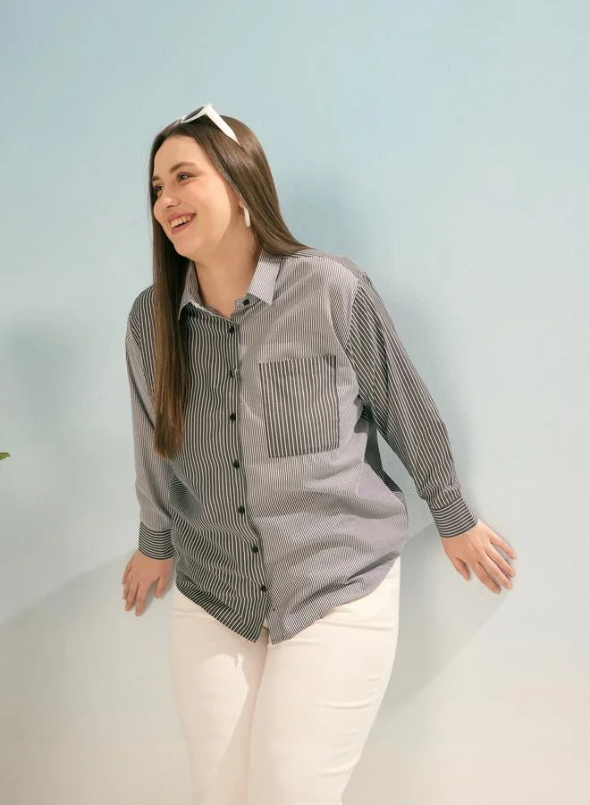 SASSAFRAS Sassafras Plus Size Black Striped Long Sleeve Shirt