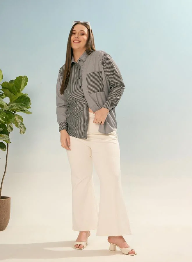 SASSAFRAS Sassafras Plus Size Black Striped Long Sleeve Shirt