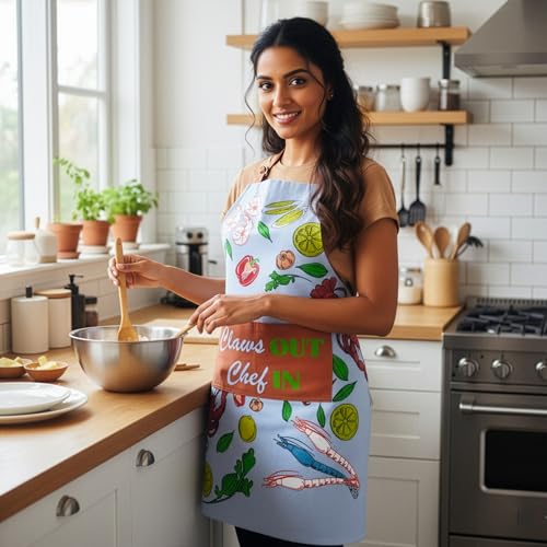 RUSTIQUE LINENS :Seafood| 100% Cotton Unisex Apron - Adjustable Neck Straps, Vibrant Print, Reinforced Stitching, Multipurpose & Deep Pocket - for Cooking,Catering,Gardening,Painting- Printed Aprons - Image 3