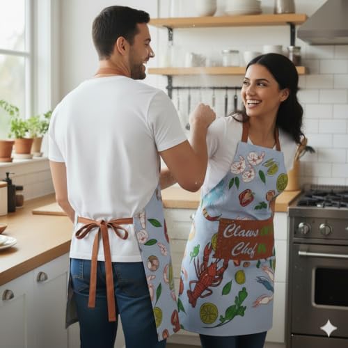 RUSTIQUE LINENS :Seafood| 100% Cotton Unisex Apron - Adjustable Neck Straps, Vibrant Print, Reinforced Stitching, Multipurpose & Deep Pocket - for Cooking,Catering,Gardening,Painting- Printed Aprons - Image 4