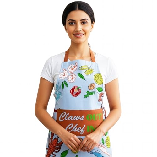 RUSTIQUE LINENS :Seafood| 100% Cotton Unisex Apron - Adjustable Neck Straps, Vibrant Print, Reinforced Stitching, Multipurpose & Deep Pocket - for Cooking,Catering,Gardening,Painting- Printed Aprons - Image 1