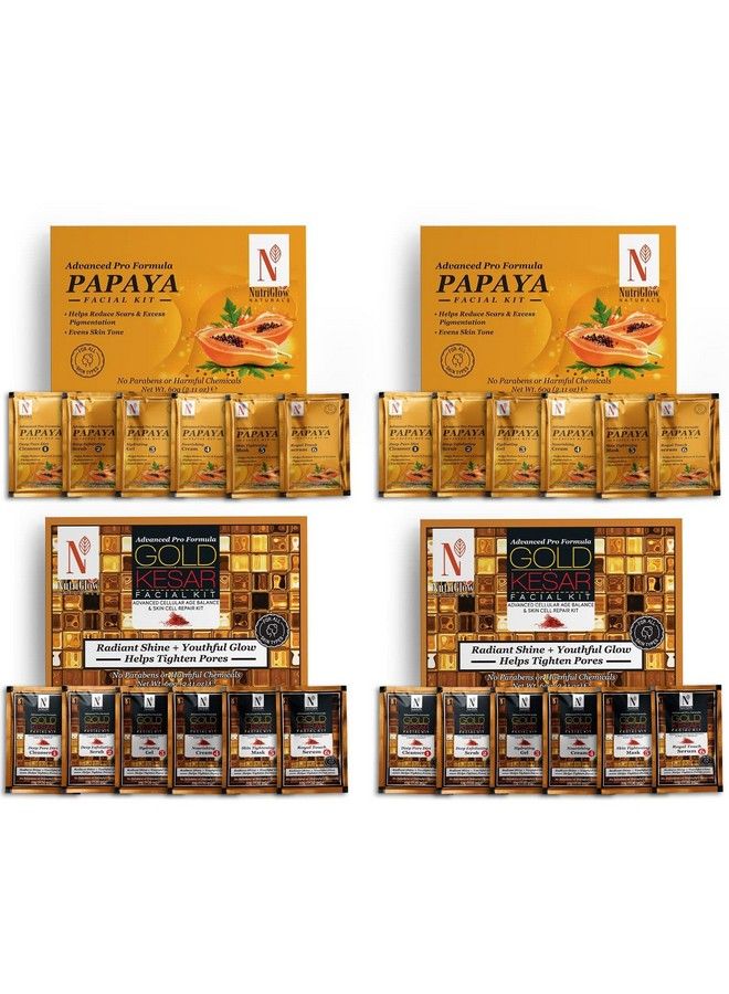 NUTRIGLOW Natural'S Advance Pro Formula Papaya Facial Kit & Gold Kesar Facial Kit For Polished Radiant Skin Dark Spot Reduction & Wrinkle Free Skin 60Gm Each Pack Of 4 - Image 1