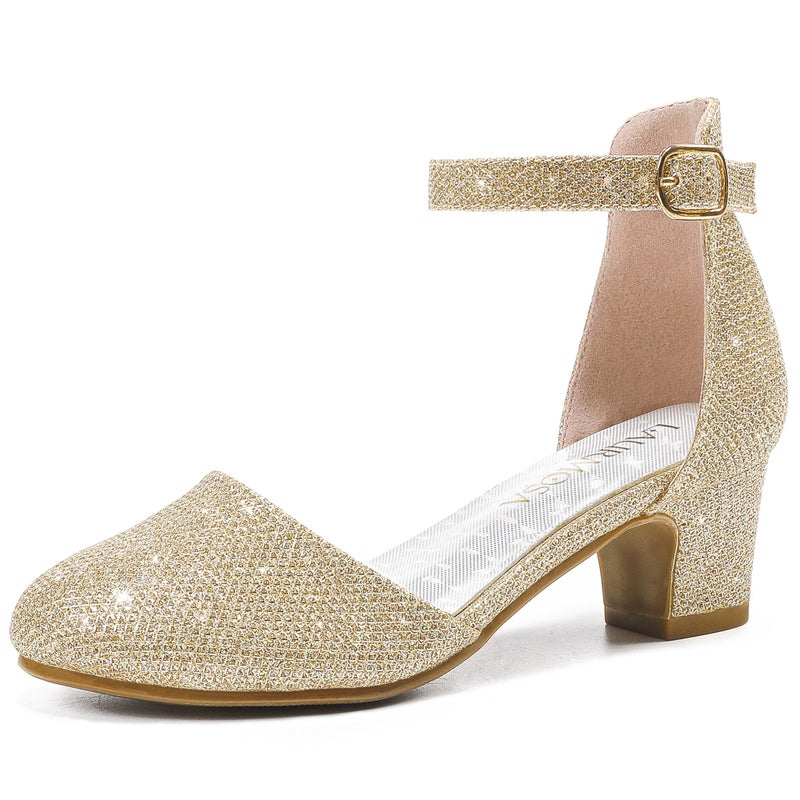 LAURMOSA Girls Dress Shoes Closed Toe Kids High Heels Girls Gold Dress Shoes Size 3 Sparkly Kids Heels Holiday Sandals Little Girl Pumps for Party Wedding(L1012GlGold 3) - Image 1