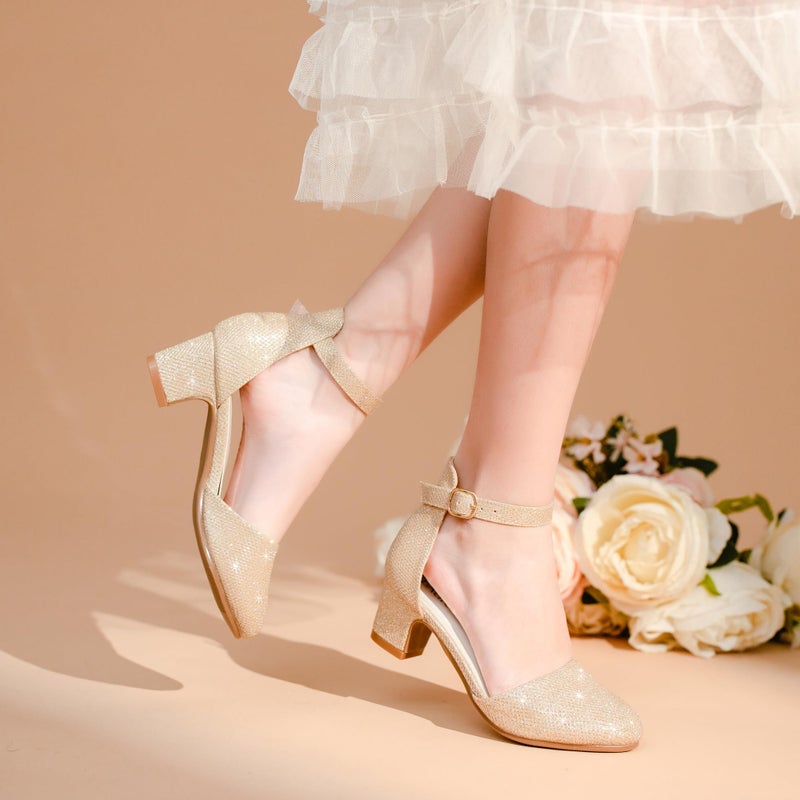 LAURMOSA Girls Dress Shoes Closed Toe Kids High Heels Girls Gold Dress Shoes Size 3 Sparkly Kids Heels Holiday Sandals Little Girl Pumps for Party Wedding(L1012GlGold 3) - Image 4